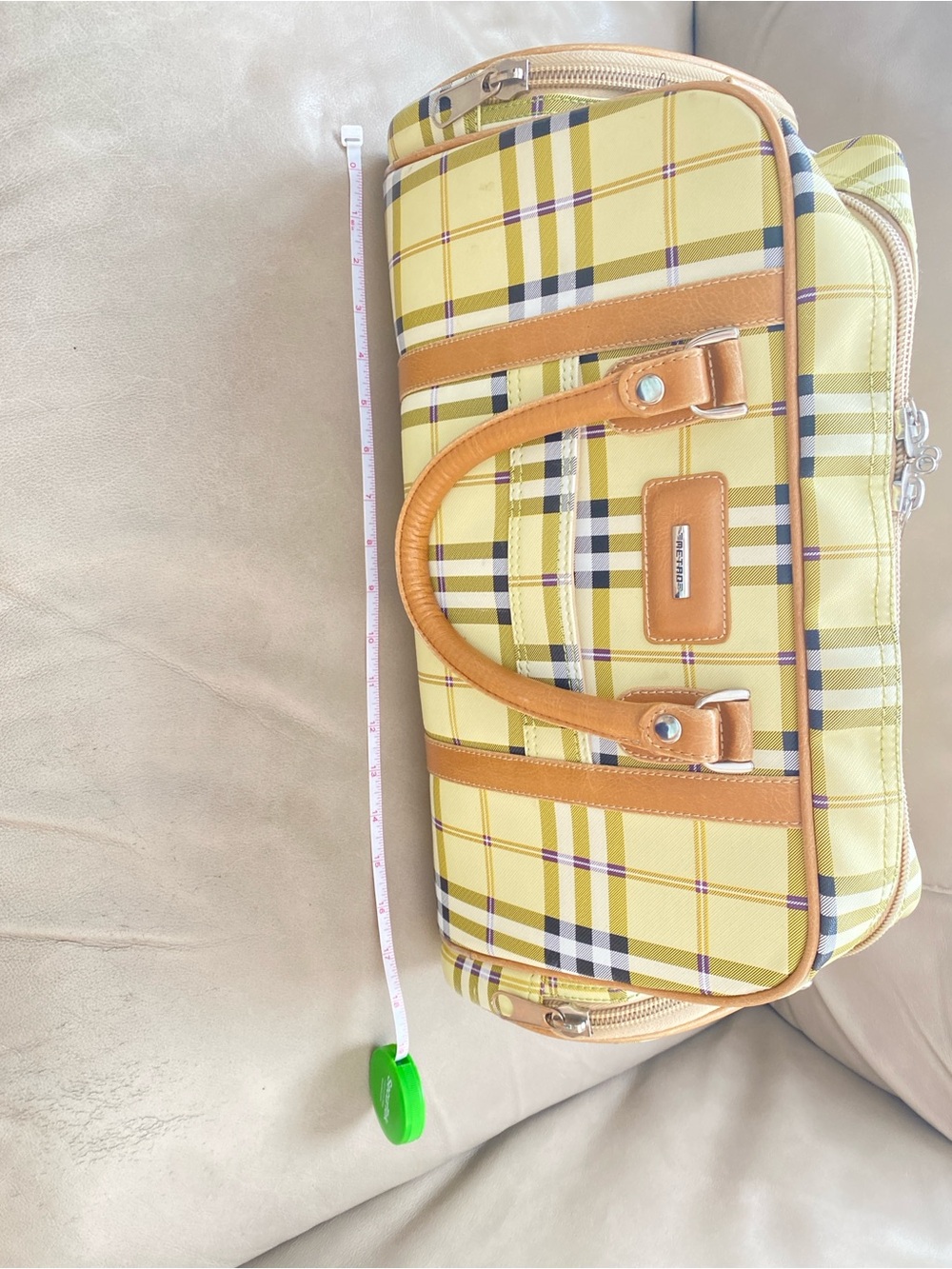 Metro waterproof Yellow Plaid Travel Bag with Tan Trim - Picture 7 of 9